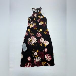 le chateau Black Floral Halter Mini Dress with Burgundy and Mustard Accents